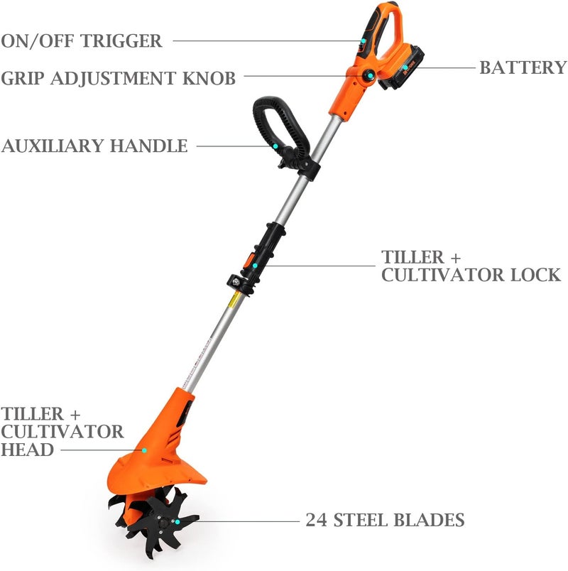 Ukoke Cordless Tiller Cultivator 20V 2.5 A Battery 280 max RPM Powered Tiller Cultivator, w/24 Steel Blade Cultivate Max Tilling 5'' deep Path by 7.8'' Wide, Orange, ST1902 - Image 3